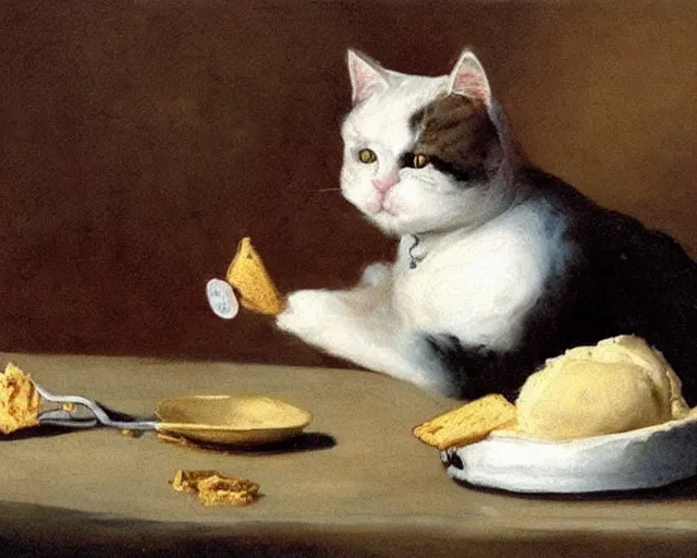 Image similar to cat eating an ice cream, painting by fransisco goya