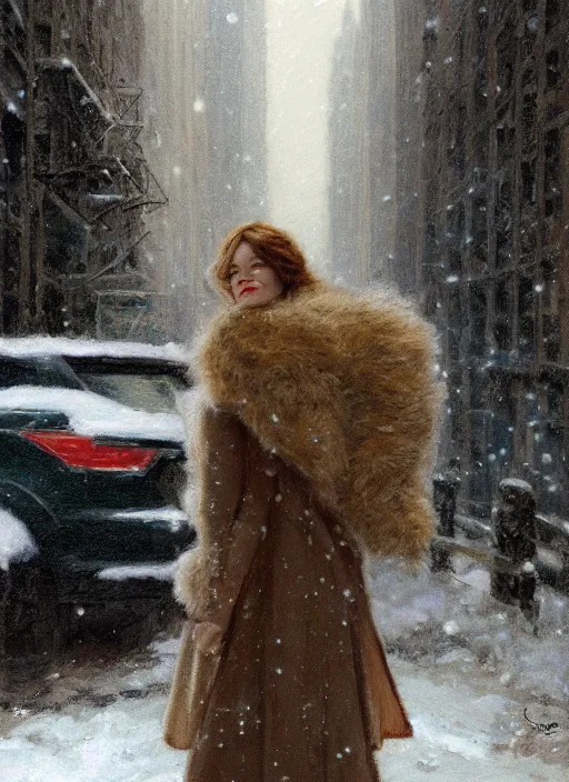 Prompt: back of emma stone in beige coat, walking into new york apartment building in winter, close up of wreath on door, snow, artwork by gaston bussiere, craig mullins, trending on artstation