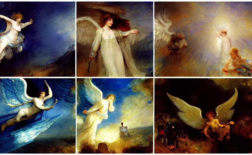 Prompt: angels descent from the heaven devil run away and hide, blue light, blue tones. by henriette ronner - knip, by william henry hunt, by rembrandt, by joseph mallord william turner, by konstantin razumov, concept art