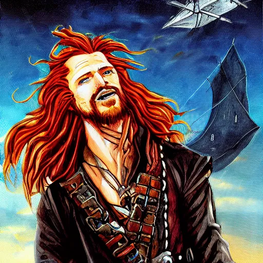 Prompt: an epic fantasy comic book style portrait painting of a long haired, red headed male sky - pirate in front of an airship