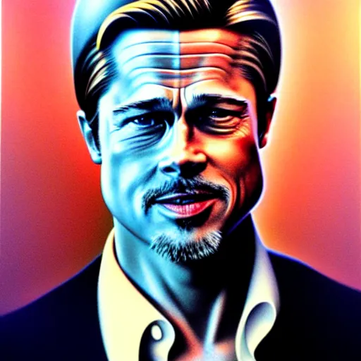 Prompt: brad pitt, clouds, blue sky art by peter lloyd, 1 9 8 0's art, airbrush style, art by hajime sorayama,, intricate, elegant, sharp focus, illustration, highly detailed, concept art, matte, sharp focus, illustration, highly detailed, 6 4 0