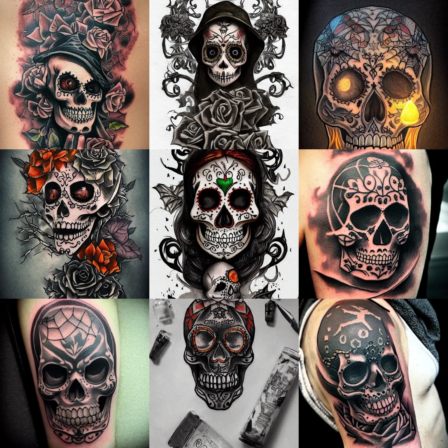 Prompt: halloween tattoo on shoulder by anton pieck, sugar skull in graveyard at midnight, intricate, extremely detailed, digital painting, artstation, concept art, smooth, sharp focus, illustration, intimidating lighting, incredible art,