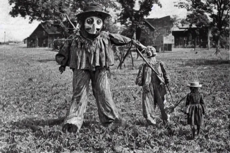 Image similar to disturbing scarecrow from the early 1 9 0 0's leading children into the cornfields