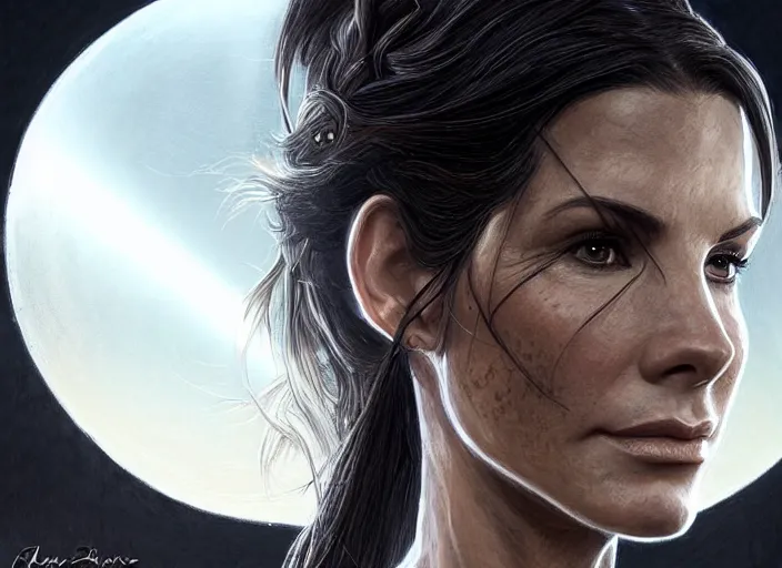 Image similar to face portrait of concentrated young Sandra Bullock as Lara Croft entering the large Minas Tirith gate, sun beams, intricate, elegant, highly detailed, centered, digital painting, artstation, concept art, smooth, sharp focus, illustration, Allan Lee, John Howe