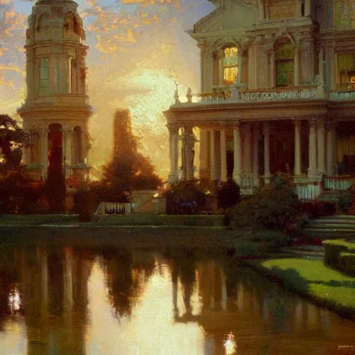 Image similar to detailed cinematic wide shot of sucession modern mansion design spring light, painting by gaston bussiere, craig mullins, j. c. leyendecker