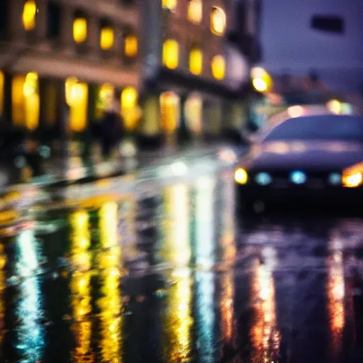 Image similar to zoomed in iphone photo rainy night in the city, reflections, car lights