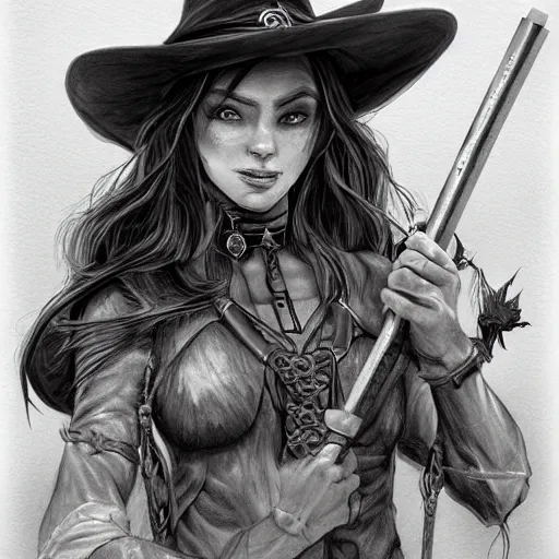 Prompt: beautiful cowboy witch, wild west, dungeons and dragons art, detailed, concept art, pencil drawing, trending on artstation