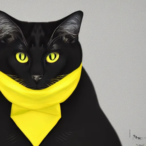 Prompt: portrait mugshot of a sad looking black bombay cat, yellow shiny eyes, digital art, symmetrical face, hd, wallpaper, 4 k