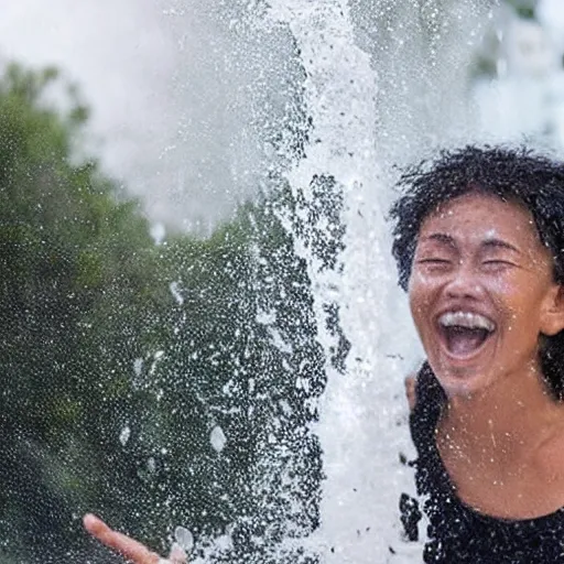 Image similar to a large solid stream of water falling over a woman