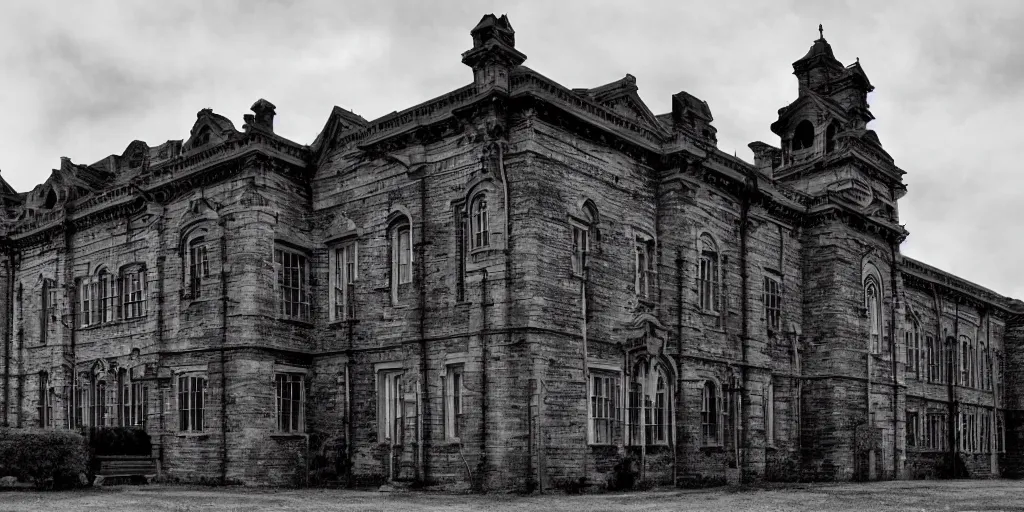 Image similar to Lunatic Asylum, exterior, majestic, detailed, epic scenery, dark fantasy, ominous, eerie