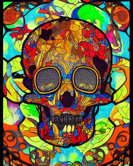 Image similar to mickey mouse skull carving art, background are varities of superhot chili peppers, cell shading, voronoi, fibonacci sequence, sacred geometry by Alphonse Mucha, hiroshi yoshida, Art Nouveau, colorful, ultradetailed, vivid colour, 3d