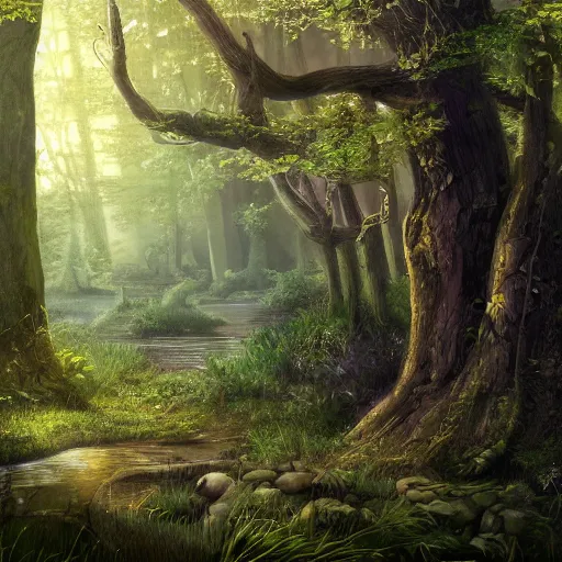 Prompt: The woods of The Feywild, the spring court, realism, fantasy setting, 8k, highly detailed, contrast, fantastical