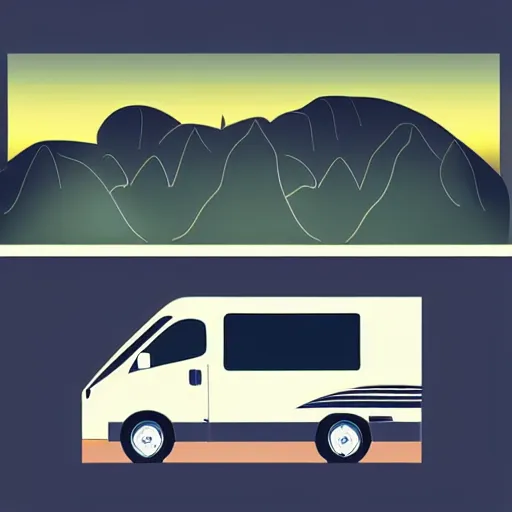 Image similar to very very very stylized minimal vector graphic of a thor chateau motorhome, mountains, highway and sunset!!, white background, dramatic, professional minimal graphic design cartoon