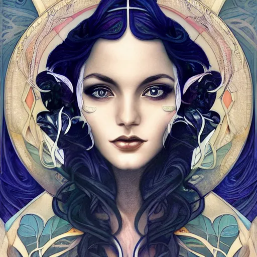 Image similar to an art nouveau, ( art deco ), multi - racial portrait in the style of anna dittmann and charlie bowater and chanthara. very large, clear, expressive, and intelligent eyes. centered, ultrasharp focus, dramatic lighting, photorealistic digital matte painting, intricate symmetrical ultra detailed background.