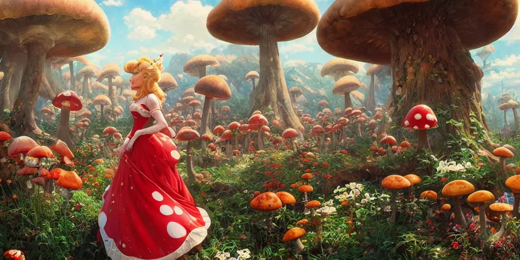 Image similar to princess peach roaming through a landscape, Mushroom Kingdom, Super Mario Theme, giant red and white spotted mushrooms, by Stanley Artgerm Lau , greg rutkowski, thomas kindkade, alphonse mucha, loish, norman Rockwell