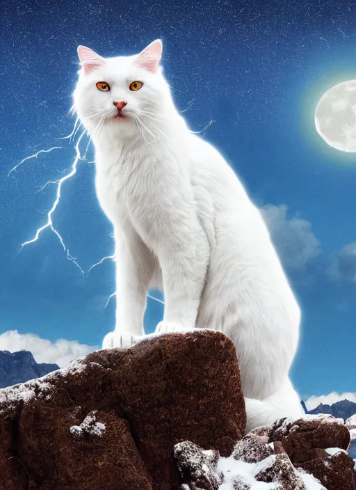 Image similar to giant white cat on a snowy mountain with lightning coming out of its paws, blue sky background with moon