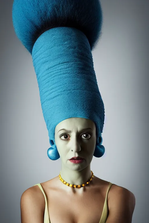 Image similar to studio portrait of woman that looks excactly like marge simpson, lookalike, as if marge simpson came to life, soft light, black background, fine details, close - up, award winning photo by martin schoeller