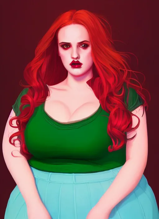 Image similar to full body portrait of teenage cheryl blossom, obese, bangs, green eyes, sultry, realistic, red hair, sultry smirk, wavy hair, pink skirt, fat, intricate, elegant, glowing lights, highly detailed, digital painting, artstation, concept art, smooth, sharp focus, illustration, art by wlop, mars ravelo and greg rutkowski