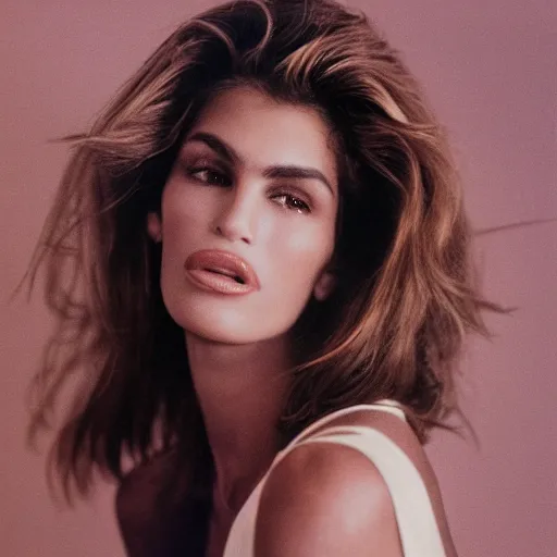 Image similar to Portrait photo of a Cindy Crawford posed in profile, eyes closed, natural makeup, studio lighting, highly detailed, cinestill 800t