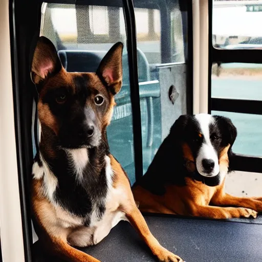 Prompt: a photo of two dogs sitting in front of the bus