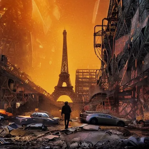 Image similar to A beautiful intricate 8K award-winning ground-level cinematic movie photograph of the future rusting rubble of the fallen and decimated Eiffel Tower, lying in pieces on the ground, surrounded by neon and collapsing corporate video billboard displays. in the year 2050, by Bruno Delbonnel and greg rutkowski. octane render, Arri Alexa 65. Cinematic lighting