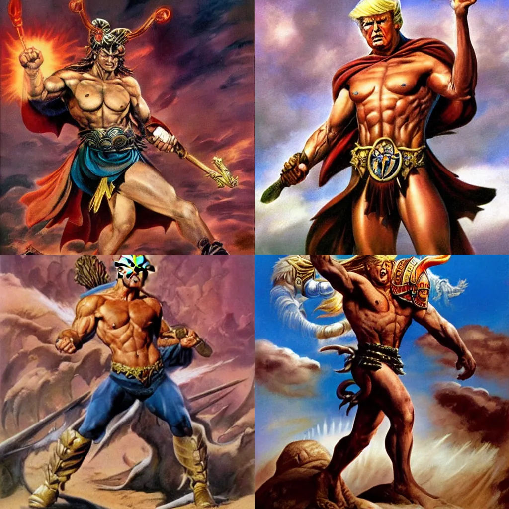Prompt: donald trump as the Warrior Demigod of Heroism, by Boris Vallejo and Frank Frazetta