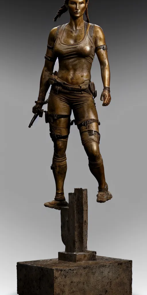 Image similar to detailed photo of an old bronze patina statue of beautiful lara croft, full body portrait, photorealism, intricate detail, museum diffuse lighting