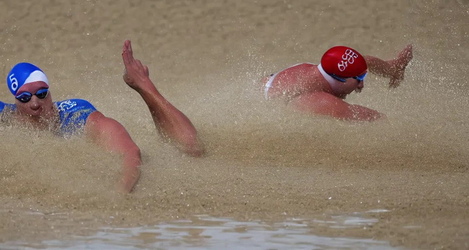 Image similar to olympic swimming in sand instead of water, extremely coherent, motion blur