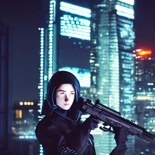 Image similar to cinestill 5 0 d candid photographic portrait of a techwear woman holding a gun on the rooftop of a futuristic city at night, closeup, modern cyberpunk moody emotional cinematic, clear skies, 8 k, hd, high resolution, 3 5 mm, f / 3 2, ultra realistic faces, ex machina