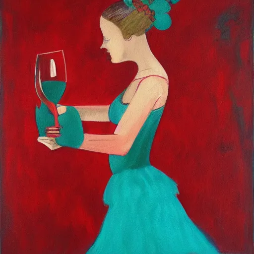 Prompt: painting of a ballerina in a teal room holding wine, red background