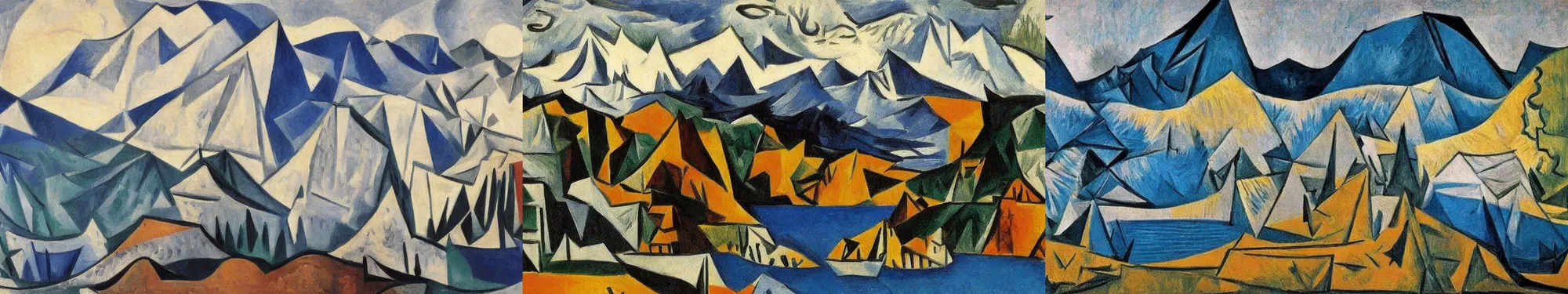 Prompt: lakeside mountains, by pablo picasso