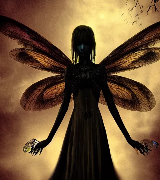 Prompt: gothic fairy with dragonfly wings, digital painting, liminal eerie midnight backlit, a picture taken by Michael Komarck and Daniel Ljunggren