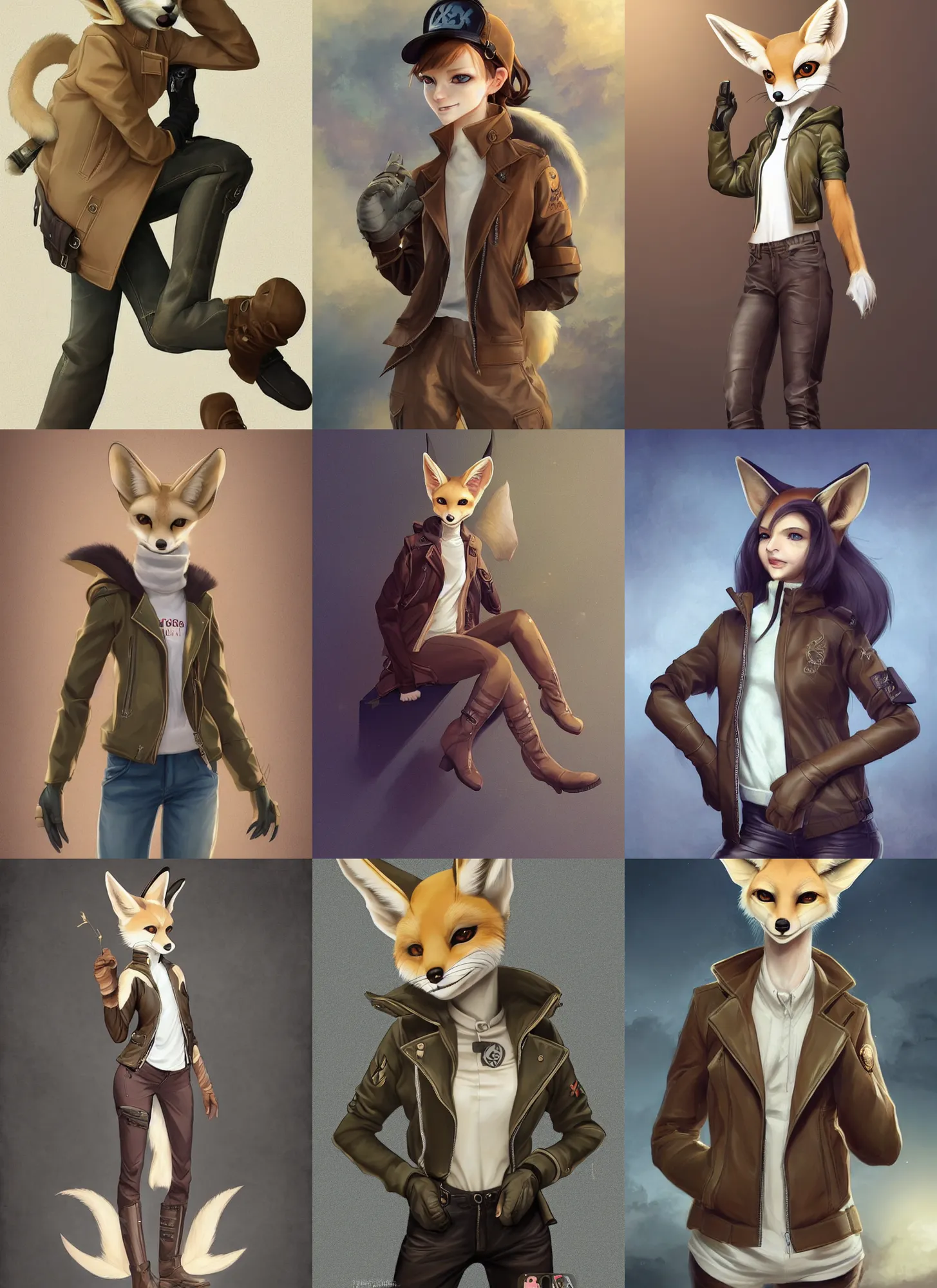 Prompt: beautiful portrait of a female anthropomorphic fennec fox fursona wearing a leather jacket. leather gloves. leather boots. khaki cargo pants. character design by charlie bowater, ross tran, artgerm, and makoto shinkai, detailed, soft lighting, rendered in octane