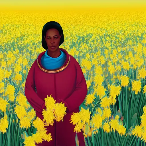 Image similar to a digital painting high resolution hypereealistic of a nubian woman wearing an astronaut standing in an open field of yellow daffodils