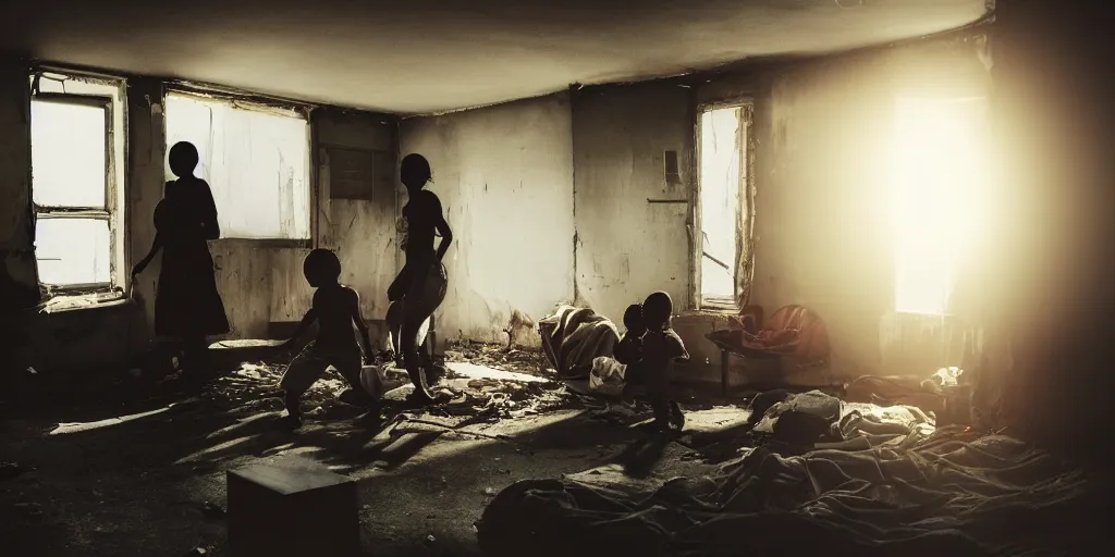 Image similar to interior. home. ( family of 5 ) staying in ( rundown infested apartment ) in ghetto projects with ( black woman and her 4 kids ). cold light, cinematic colors, high detail