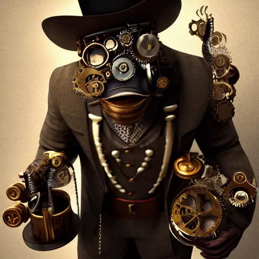 Prompt: Ultra-detailed cinematic 3d of steampunk ape, steampunk hat, steampunk gears, steampunk glasses, detective coat, by kazuhiko nakamura and Toni Bratincevic, Trending on art station, 8k, octane render, high quality, volumetric lighting