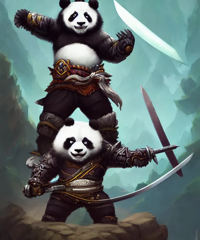 Image similar to a portrait an anthropomorphic panda samurai holding a katana, wearing armor with spiked shoulders, landscape in background, dnd character art portrait, world of warcraft style, by peter mohrbacher, cinematic lighting