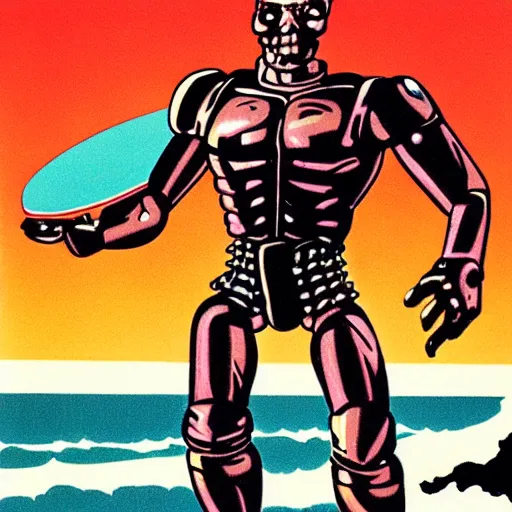 Image similar to the terminator surfing usa 1 9 5 0 s color illustration