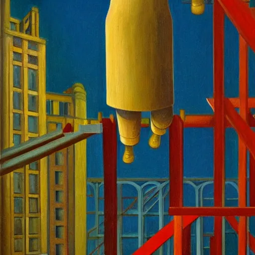 Image similar to giant robot in a scaffold, scientists climbing up, grant wood, pj crook, edward hopper, oil on canvas