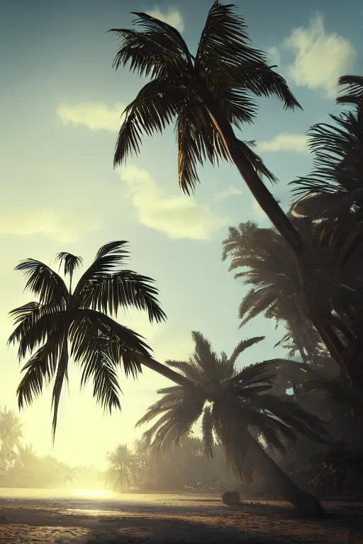 Image similar to a beautiful illustration on paper of a palm tree, 8 k, frostbite 3 engine, cryengine, dof, trending on artstation, digital art by robert gibbings, crepuscular ray