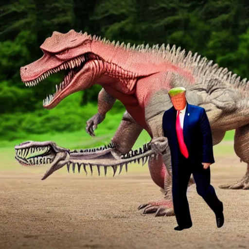 Image similar to Real professional photograph of Donald Trump riding a T-Rex