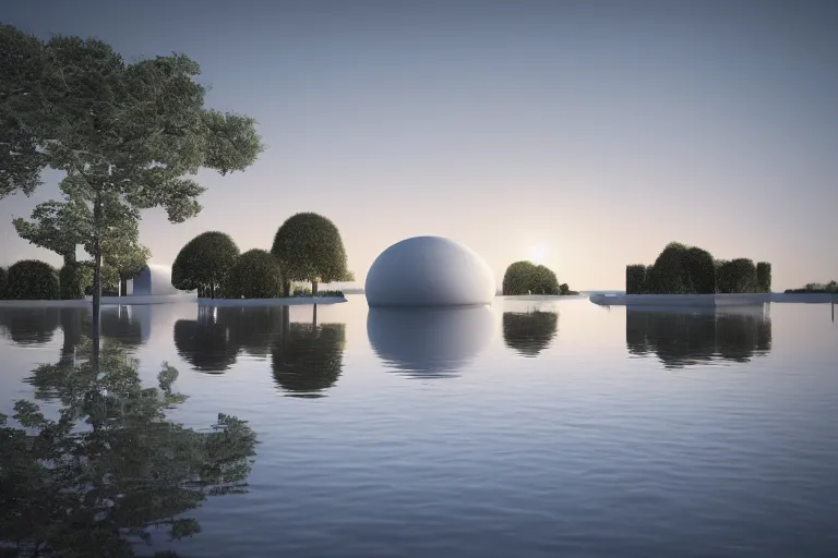 Prompt: many white round egg shaped building combinations intersect and depend on each other to form a building, by pierre bernard, on the calm lake, people's perspective, future, interior wood, dusk, unreal engine highly rendered, global illumination, radial light, internal environment