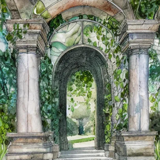 Prompt: isomeric view, delicate marble in a botanic garden, stony road, on a botanical herbarium paper, watercolor colored painting, iridescent colors, 8 k, realistic shaded, fine details, artstation, italian style, colonnade, vines, flowers, gardena architecture, pompeii