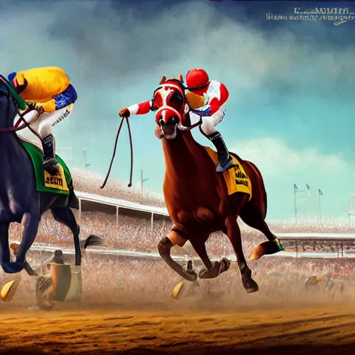 Image similar to kentucky derby horse race with a close finish at the finish line + dramatic, motion, racing, photorealistic horses, photorealistic jockeys, photorealistic : : 1 + style of john collier and leroy neiman + octane render, trending on artstation, artgerm, behance