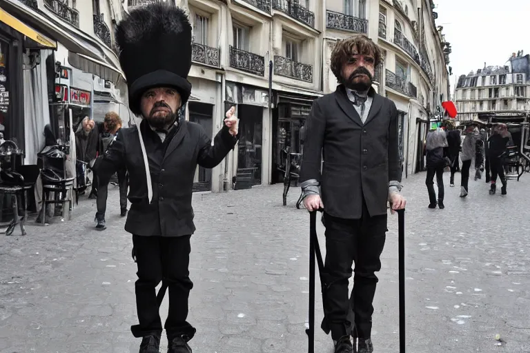 Prompt: peter dinklage on stilts walking in the hazzy streets of paris, in the style of eugene atget and peter witkin