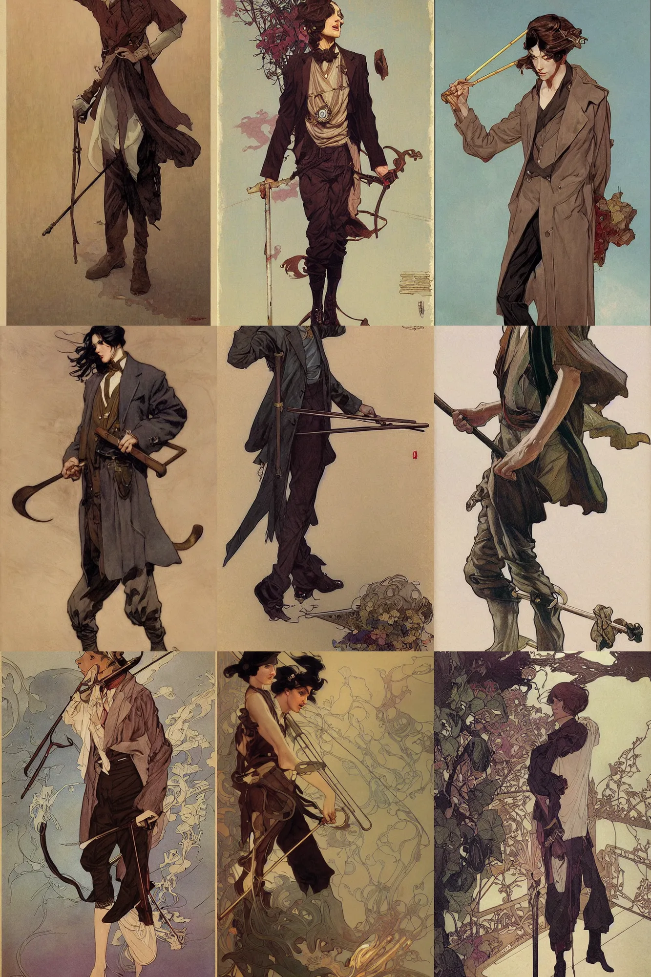 Prompt: young thin male with walking cane, long dark hair, 1 9 2 0 s clothes, fantasy, art by joseph leyendecker, peter mohrbacher, ruan jia, marc simonetti, ayami kojima, cedric peyravernay, alphonse mucha, victo ngai