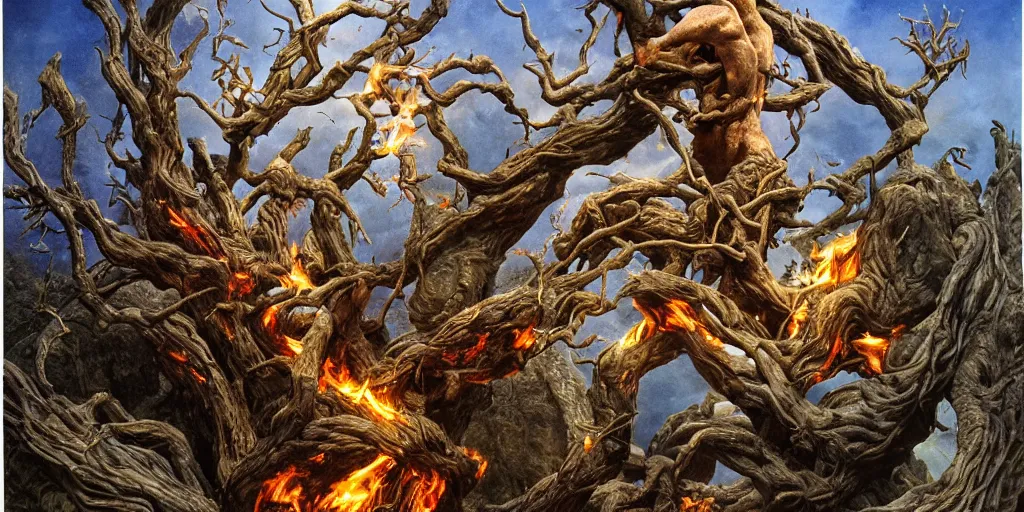 Image similar to tree of good and evil burning in agony Michael Whelan by Jeff Easley photorealistic by Edmonia Lewis, cinematic, coherent, realistic faces, clear, detailed, intricate, dramatic lighting, establishing shot, 8k resolution