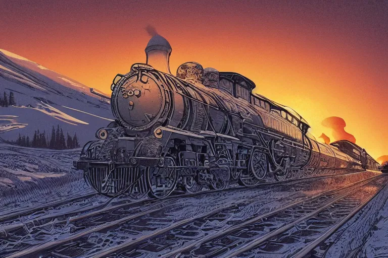 Prompt: trans - siberian express train ultrafine drawing by joe fenton and syd mead and p. craig russell and barry windsor - smith, artstation, 4 k, graphic novel, concept art, matte painting, beautiful russian winter landscape sunset background, golden hour, art nouveau, sharp