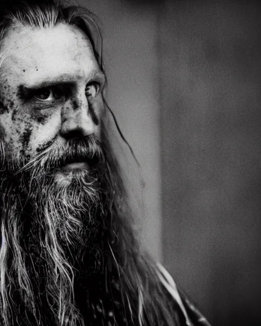 Prompt: a portrait photograph of Varg Vikernes as a Viking warrior, DSLR photography