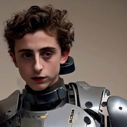 Image similar to timothee chalamet wearing a mech suit